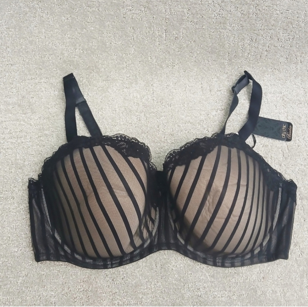 44F GORGEOUS City Chic Underwire Bra Satin band with sheer mesh ove nude cup NWT